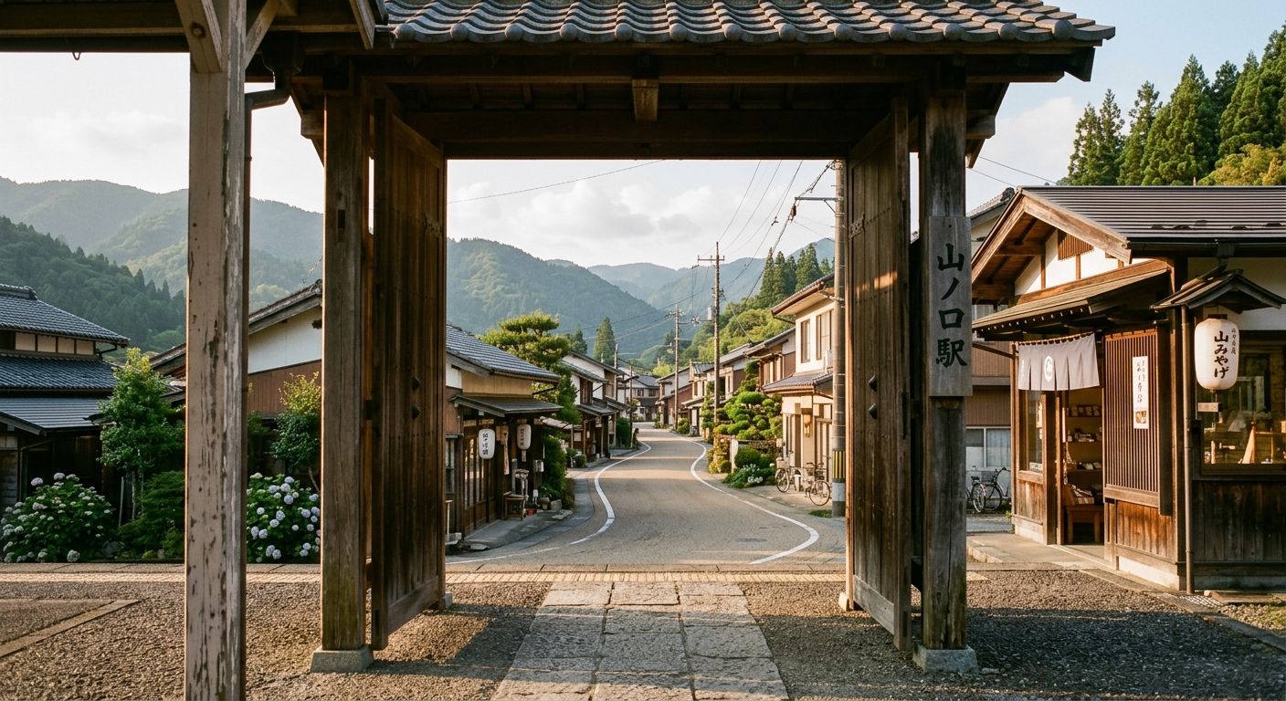 Salida de una pequeña estación rural japonesa con un pueblo desconocido al frente