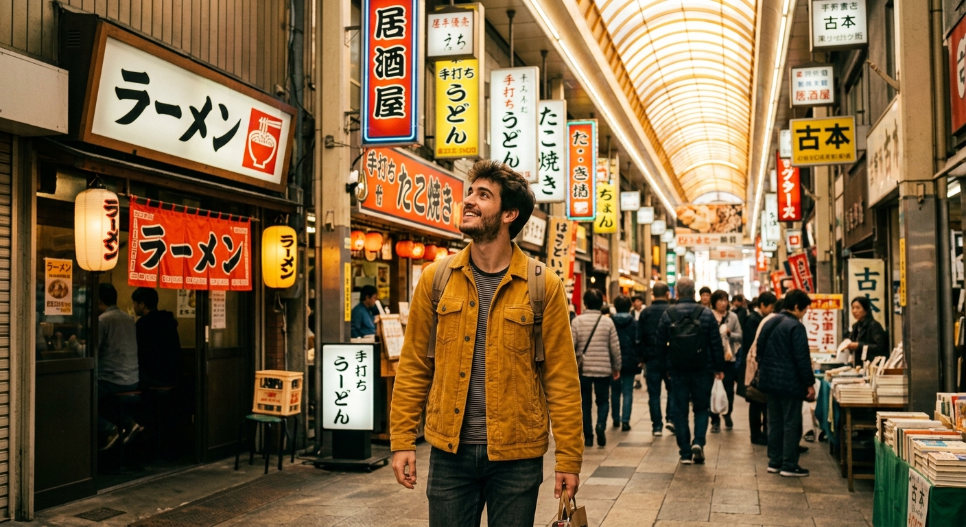 Joven castellano caminando por una galería comercial japonesa leyendo carteles con alegría