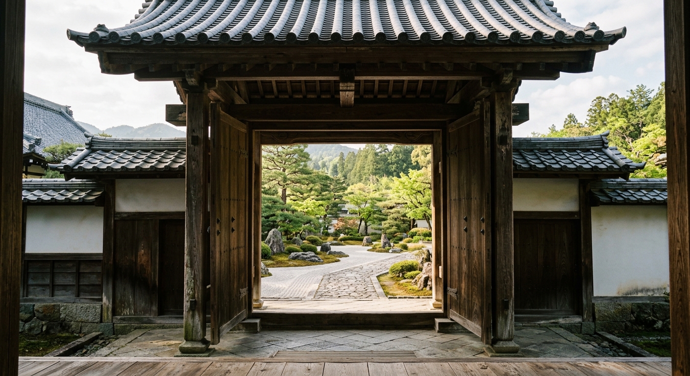 Gran puerta de templo japonés abierta revelando un hermoso jardín zen