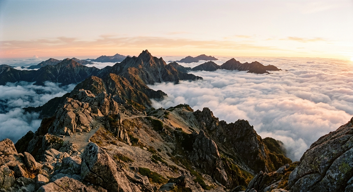 Cima de los Alpes japoneses sobre un mar de nubes al amanecer