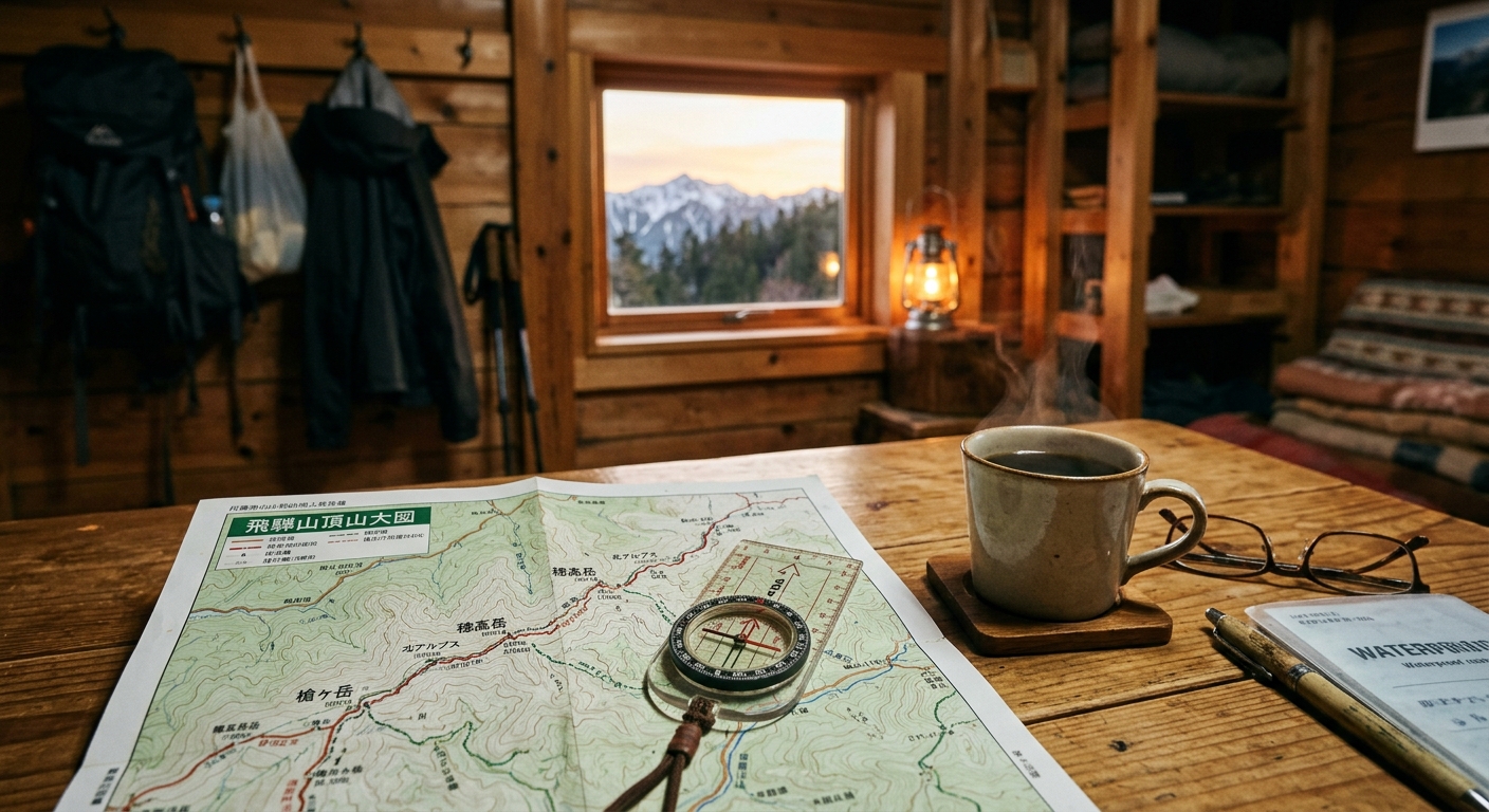 Interior acogedor de refugio de montaña japonés con mapa, brújula y café caliente