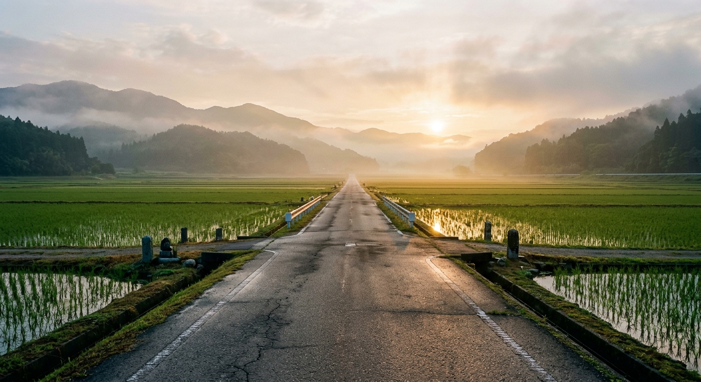 Camino recto en la campiña japonesa entre arrozales hacia el horizonte al amanecer