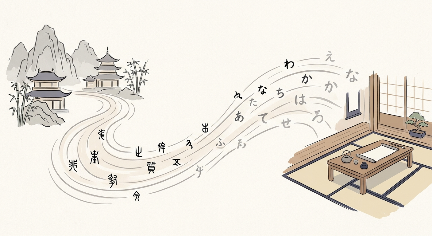 Ilustración minimalista de la evolución de los caracteres escritos desde China hasta Japón