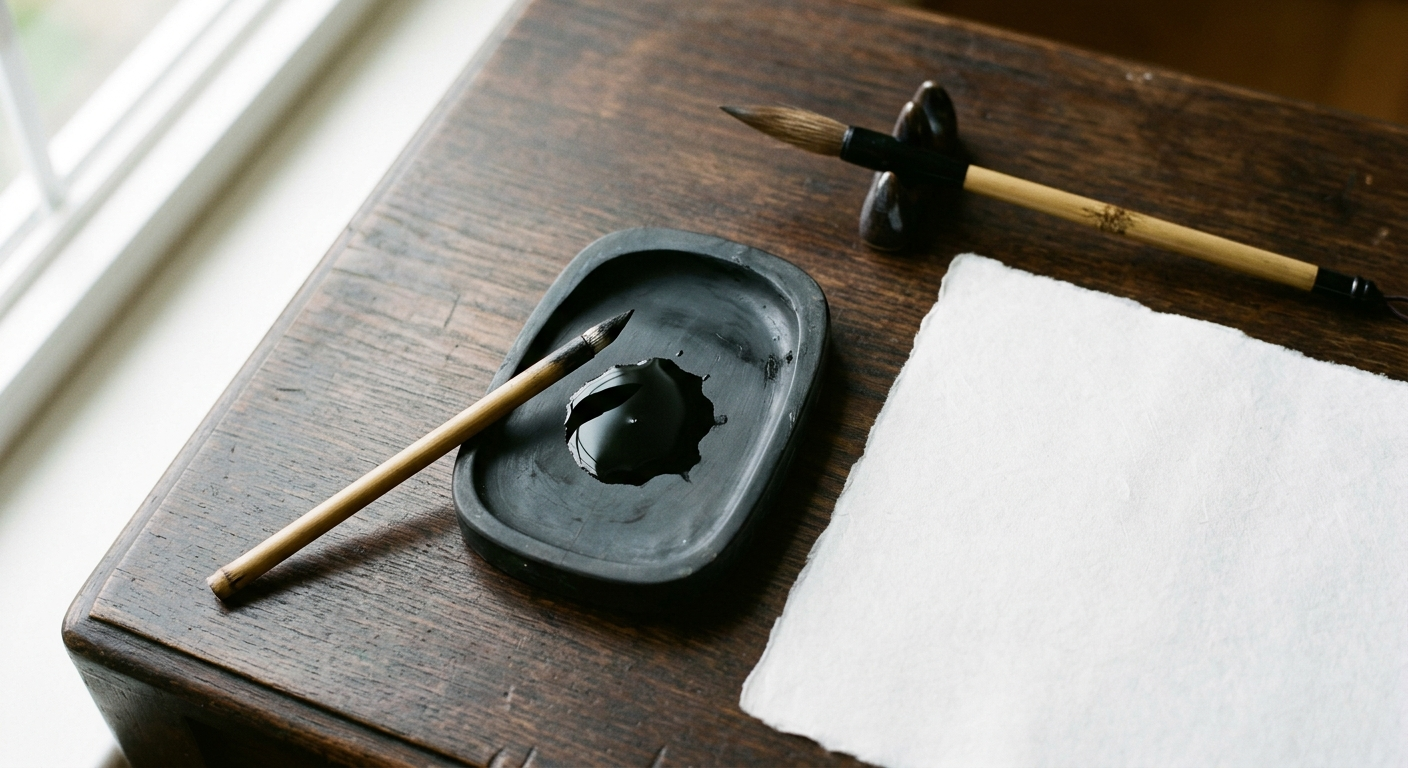 Las cuatro joyas de la caligrafía dispuestas: pincel, barra de tinta, piedra de entintar y papel washi