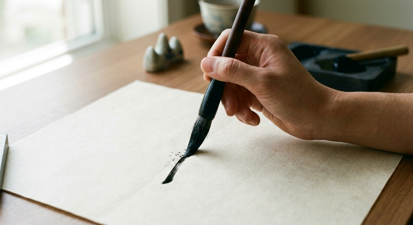 Pincel tocando el papel washi en el momento en que fluye la tinta, el proceso de creación de una obra de shodou