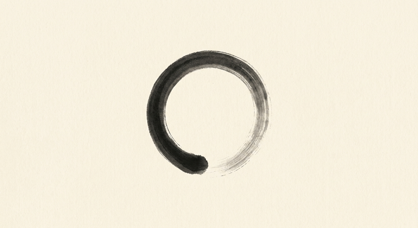 Ilustración minimalista de un círculo ensō pintado de un solo trazo, escribir desde el vacío, shodou y zen