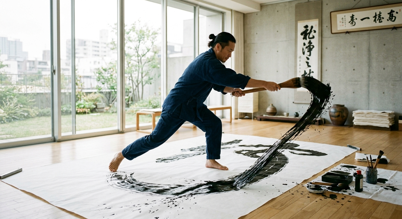 Calígrafo contemporáneo escribiendo con todo el cuerpo sobre un gran papel en un estudio moderno, tradición y vanguardia