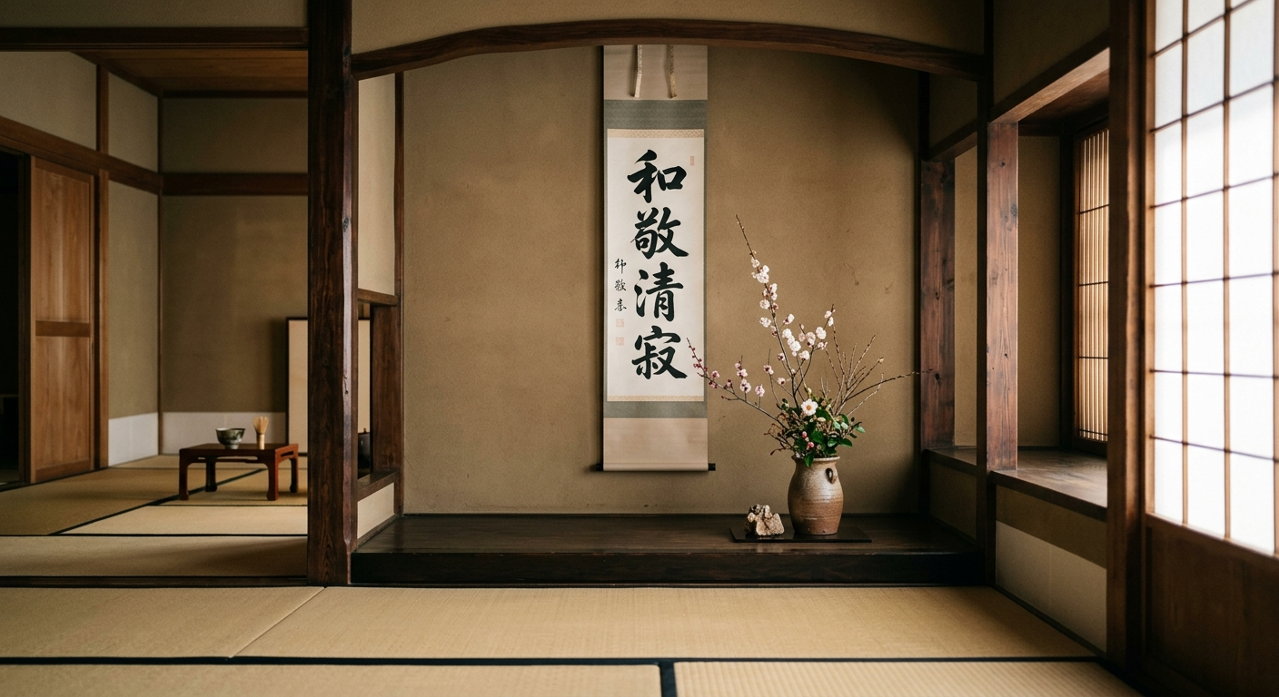 Pergamino de caligrafía colgado en la alcoba tokonoma junto a un arreglo floral, el shodou entre las artes japonesas