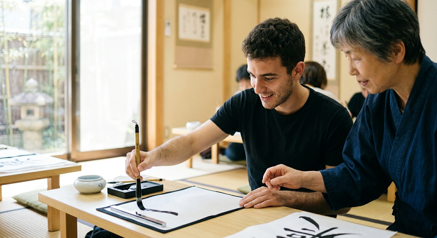 Joven visitante hispanohablante escribiendo su primer carácter con pincel guiado por un instructor japonés