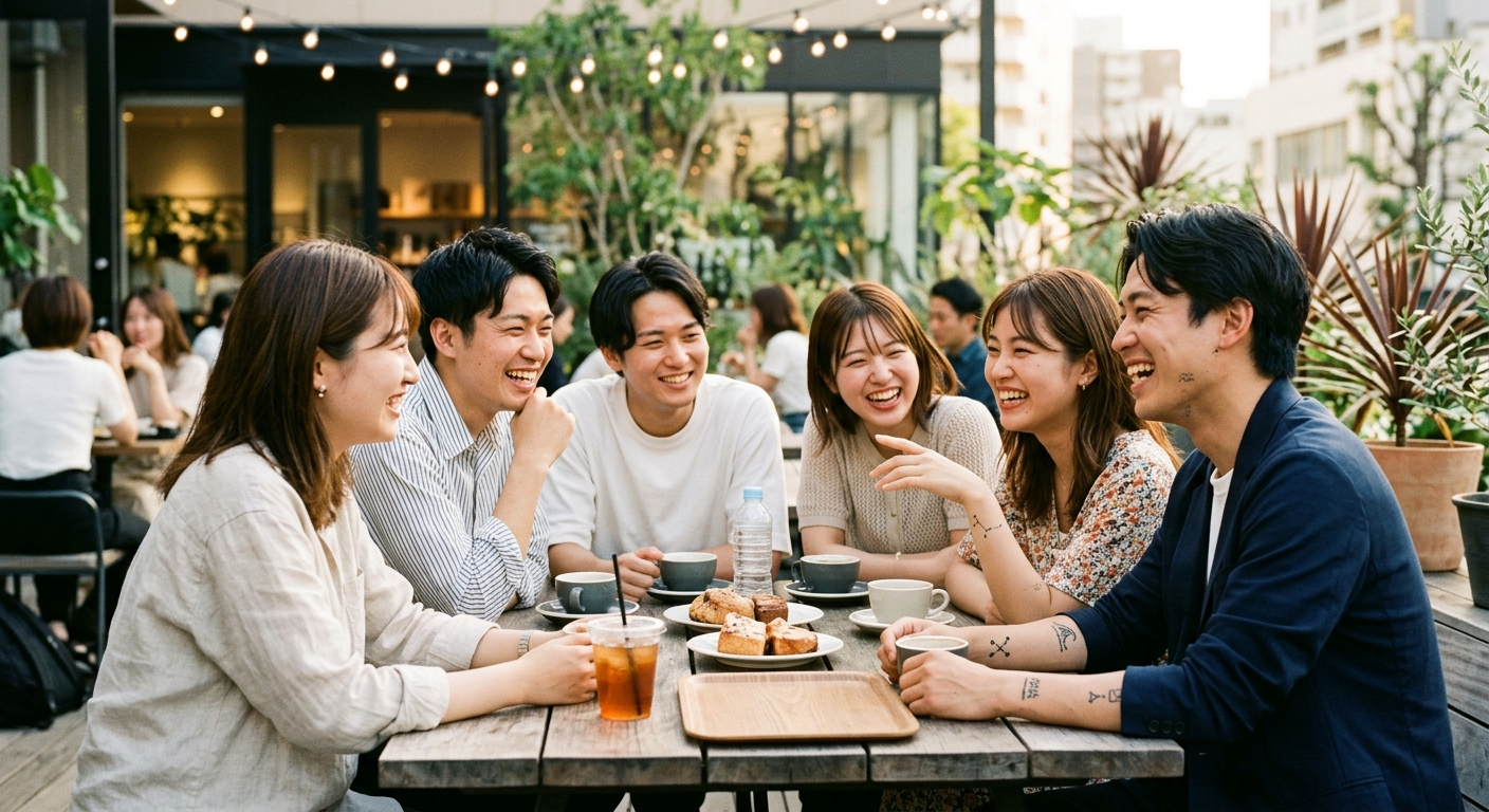 Jóvenes japoneses conversando en un café con pequeños tatuajes visibles, la generación joven: el motor del cambio