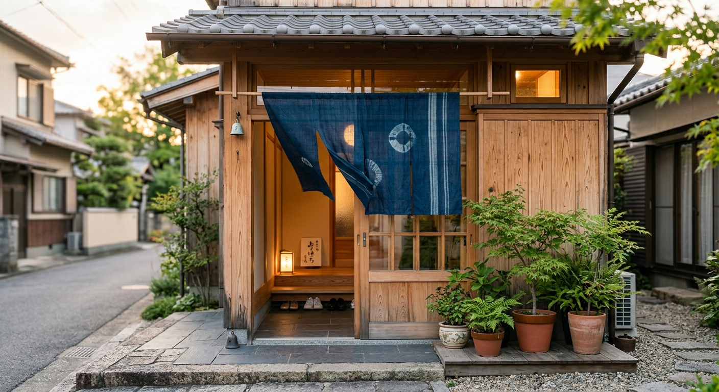 Entrada acogedora de una posada moderna con cortina noren azul, el movimiento Tattoo Friendly Japan