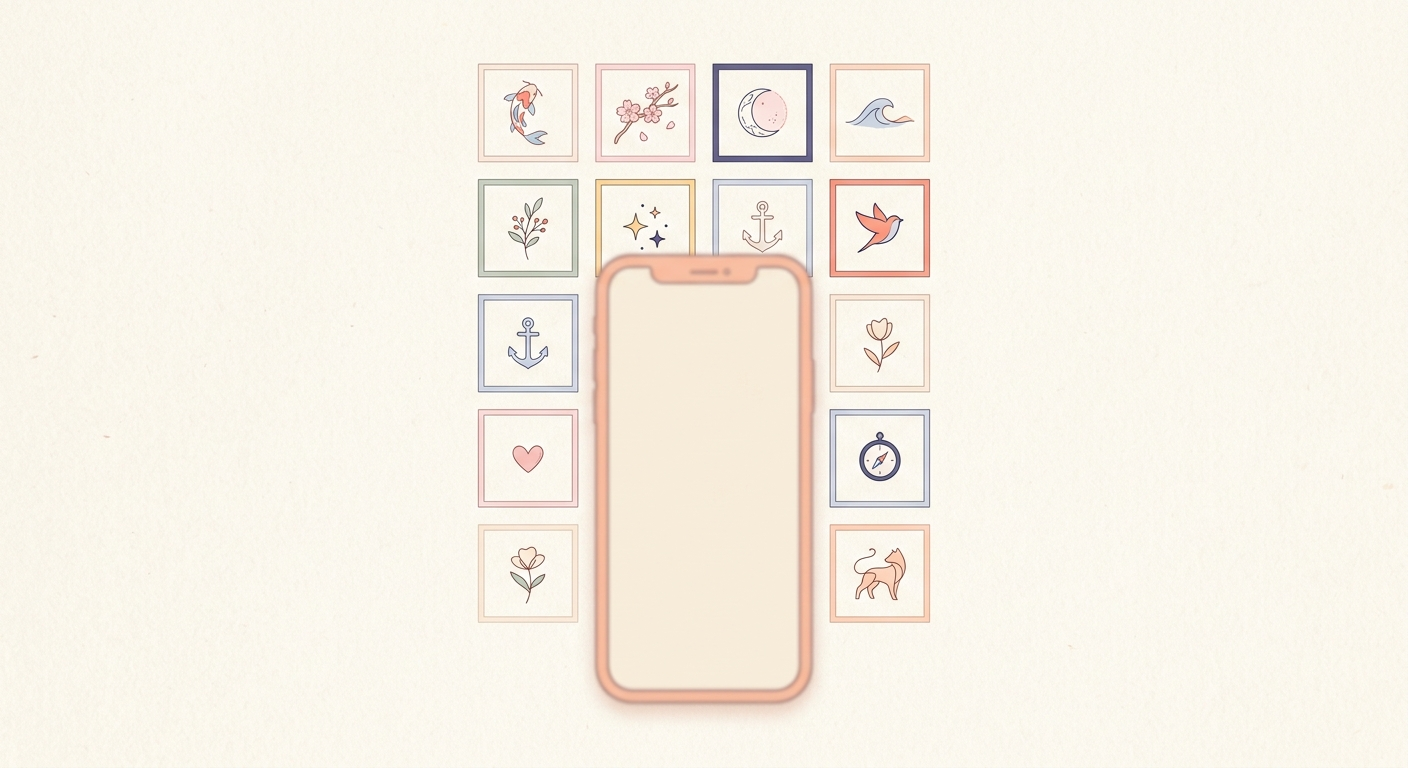 Ilustración minimalista de un smartphone con un feed de motivos de tatuaje, SNS y tatuaje: la era de Instagram