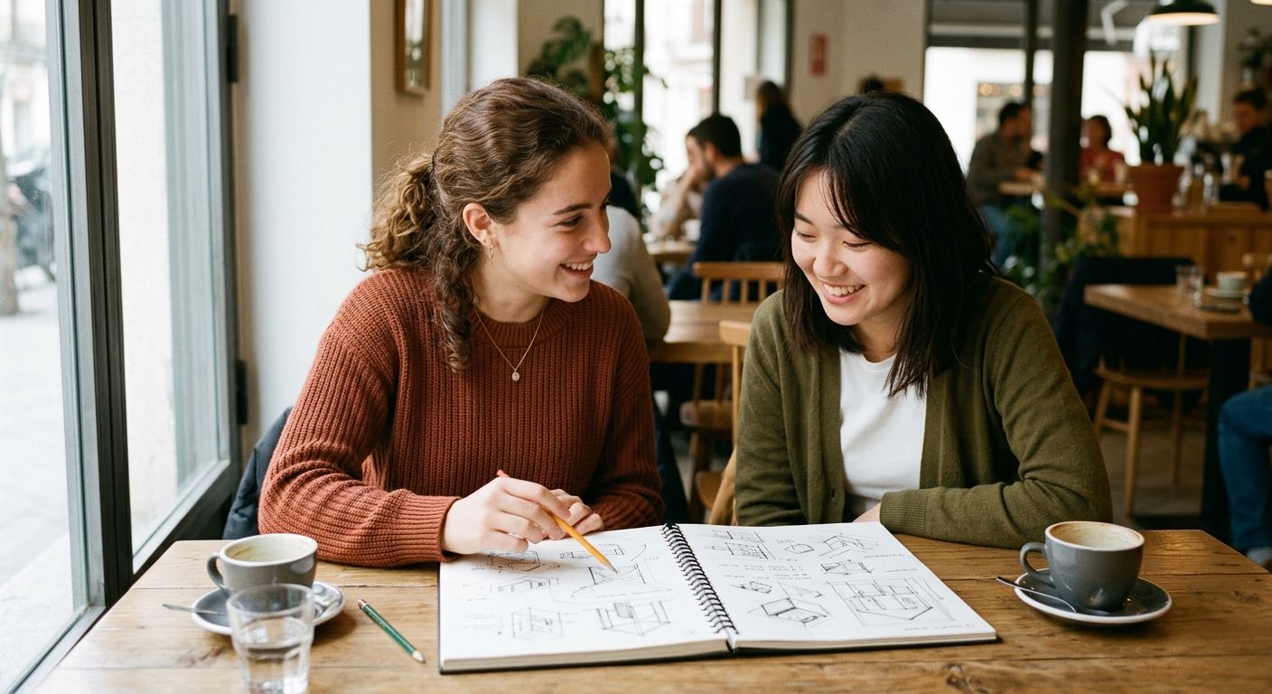 Joven hispanohablante y amigo japonés comentando diseños en un café, diálogo Hispano-Japonés: aprendiendo juntos