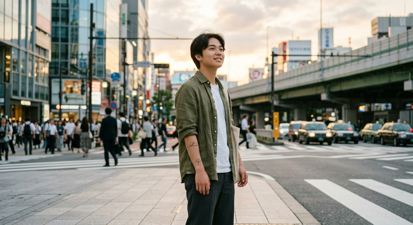 Joven japonés en una calle moderna mirando hacia adelante con confianza, el futuro: cómo será Japón en 20 años