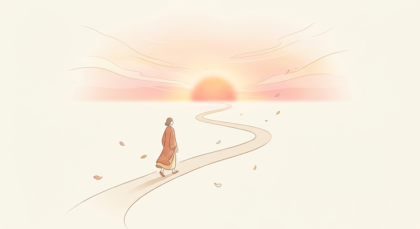 Ilustración minimalista de una figura caminando hacia el horizonte al atardecer, el fin de un viaje cultural