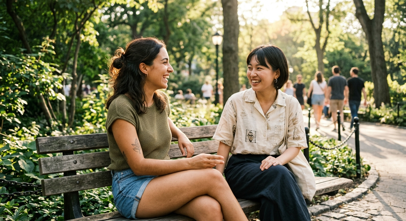 Joven hispanohablante con un pequeño tatuaje conversando con un amigo japonés en un parque, hispanos vs japoneses