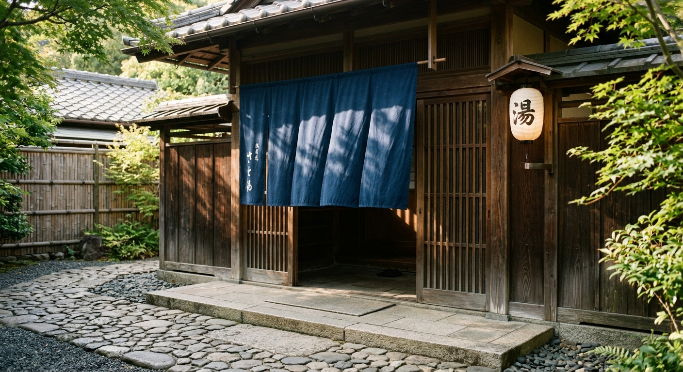 Entrada tradicional de un sentō japonés con cortina noren, por qué no puedes entrar a onsen sentō y gimnasios