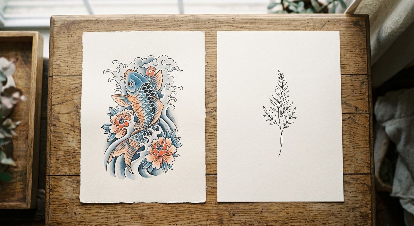 Dos diseños de tatuaje sobre papel cremoso: uno tradicional irezumi y otro minimalista moderno, irezumi vs tatuaje