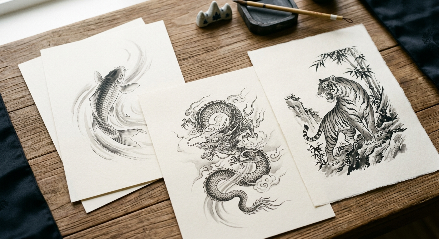 Diseños tradicionales de irezumi de koi, dragón y tigre sobre papel, los animales como protagonistas