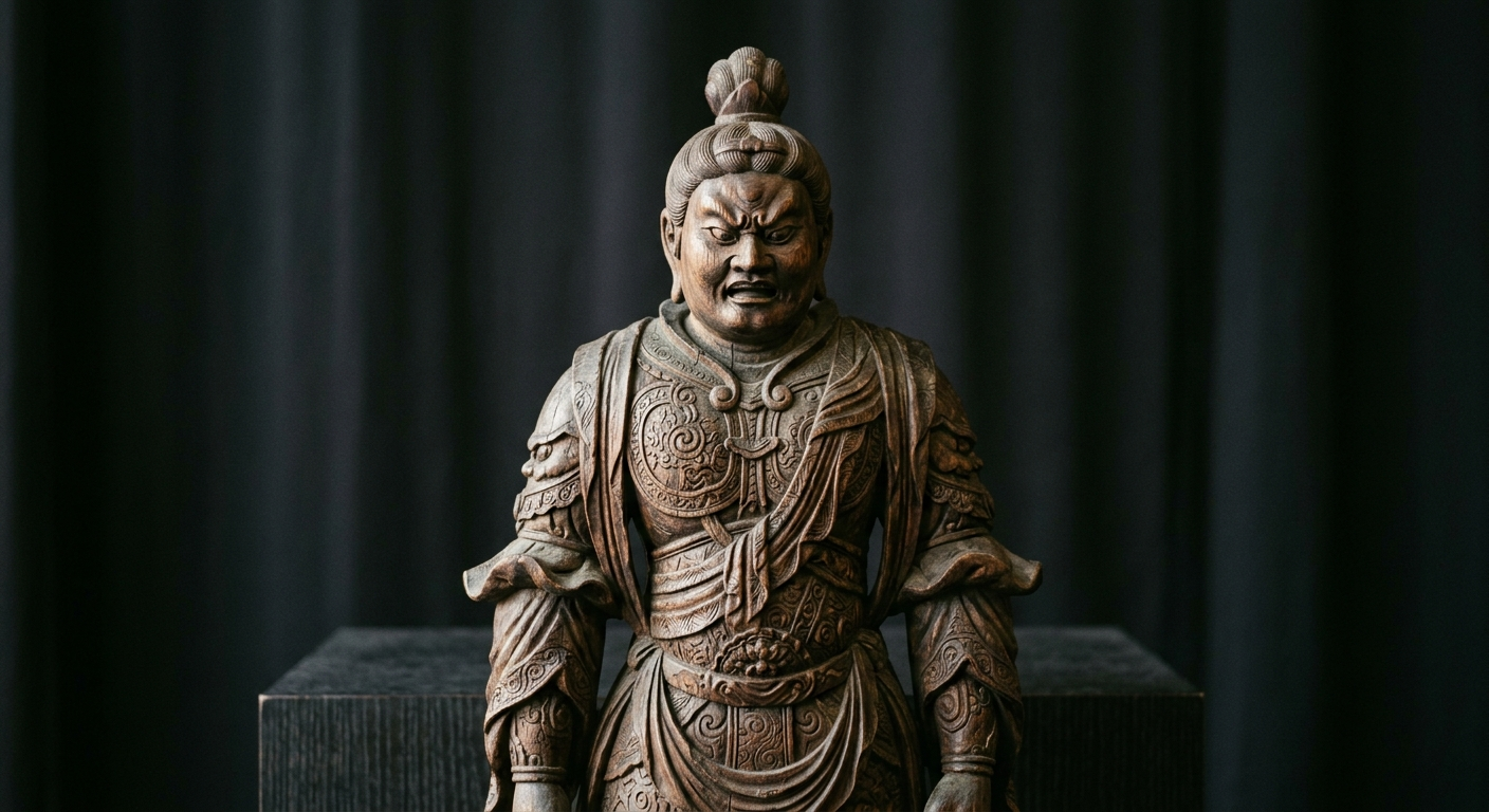 Estatua tallada de una deidad budista guardiana en una vitrina de museo, deidades y mitología en el irezumi