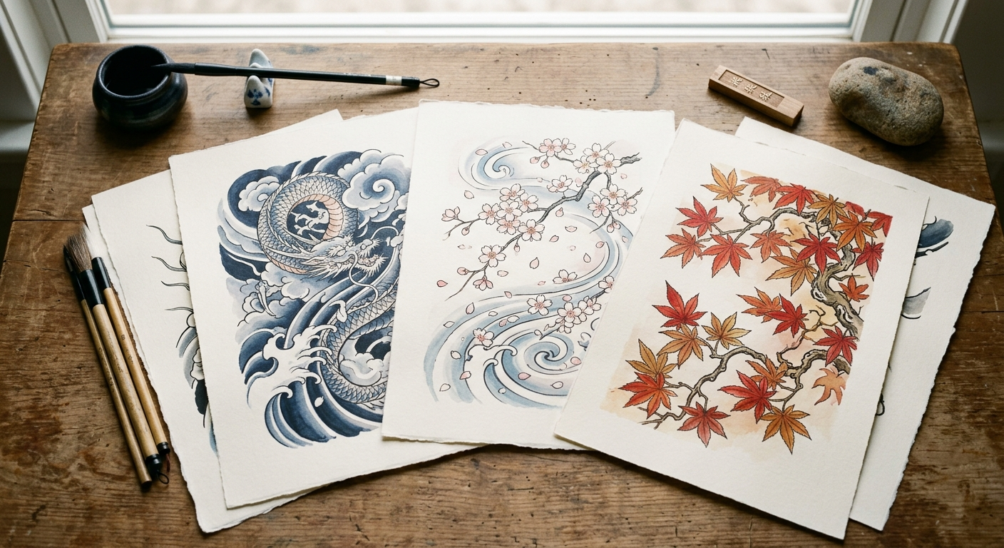 Diseños de cerezos, olas y hojas de arce sobre papel, la naturaleza como lienzo del irezumi