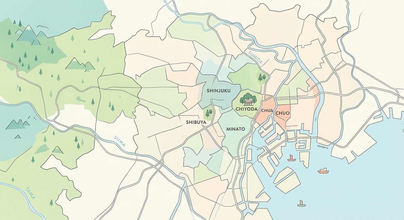 Ilustración minimalista de un mapa de Tokio con sus distritos y la bahía, descifrando Tokio