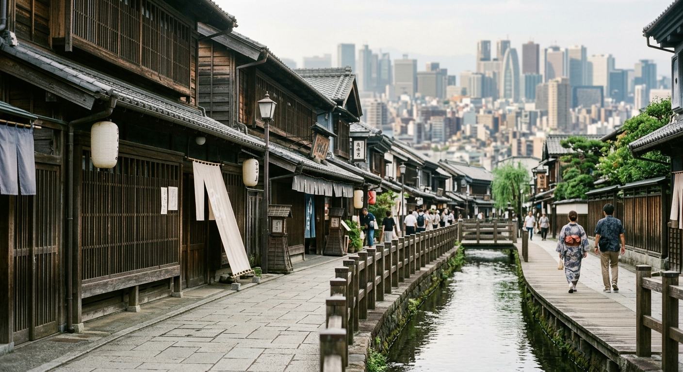 Calle histórica de estilo Edo con la Tokio moderna al fondo, de Edo a Tokio: cuatro siglos de transformación