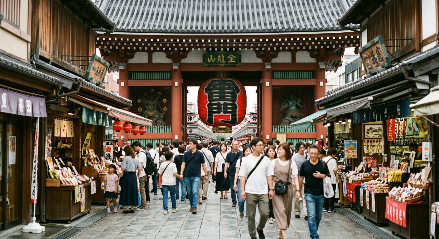 Distrito histórico del este de Tokio con su puerta de templo y farolillo rojo, el corazón histórico