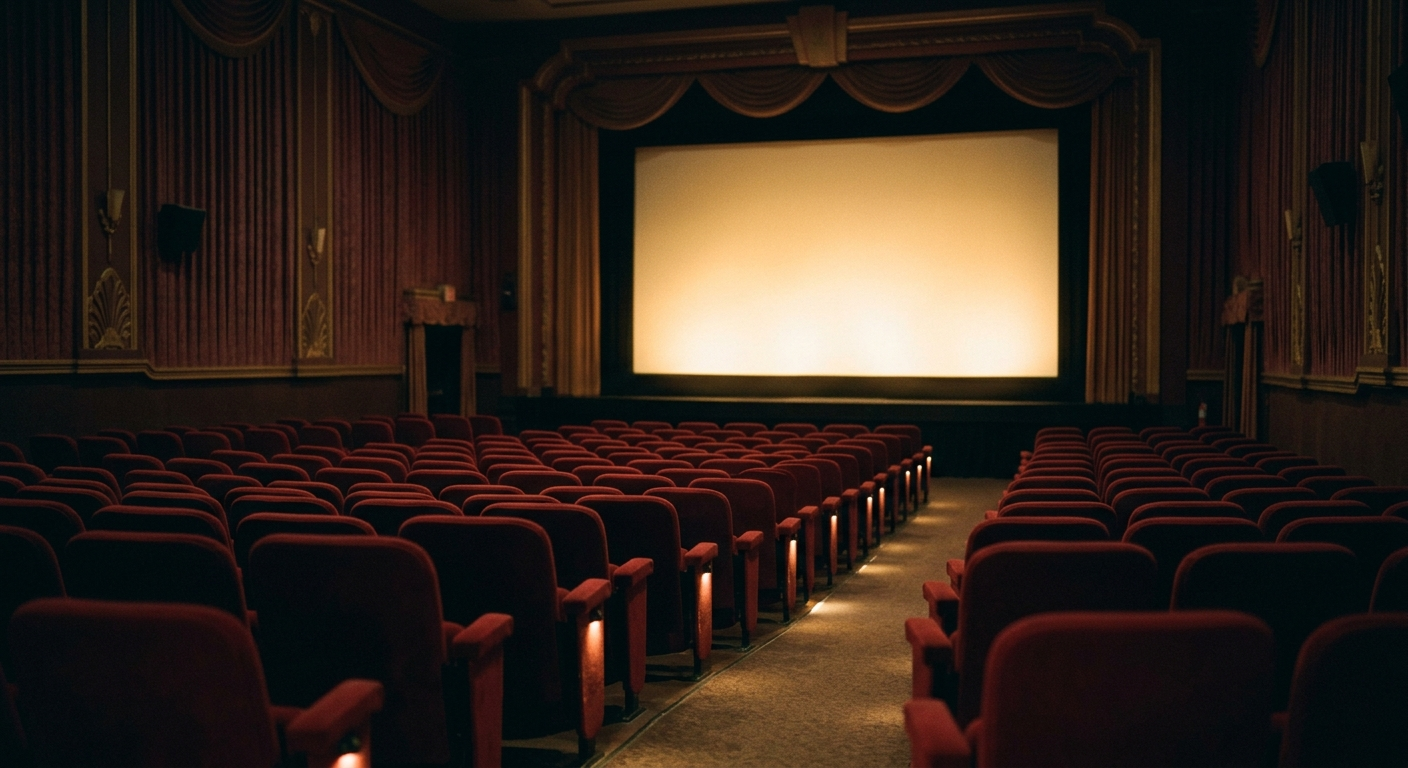Sala de cine clásico vacía con la pantalla iluminada suavemente, la imagen internacional en pantalla