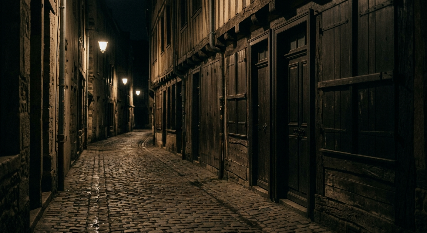 Callejón estrecho vacío y en sombras de un viejo barrio de noche, el lado oscuro del negocio