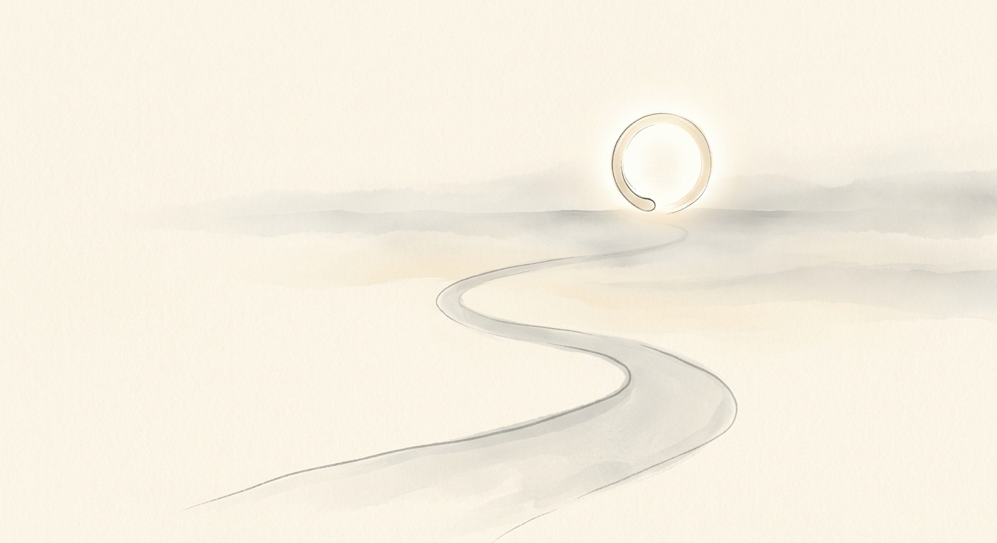 Ilustración minimalista de un camino hacia un ensō en el horizonte, un camino sin fin