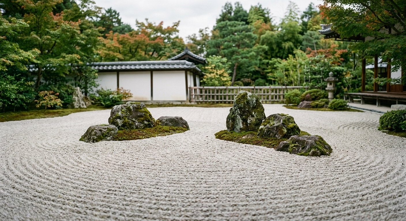 Jardín zen karesansui con grava rastrillada y piedras, el zen en la cultura japonesa: una influencia total