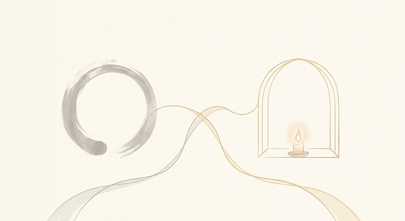 Ilustración minimalista de un ensō zen y una llama contemplativa en diálogo, zen y mística cristiana: dos profundidades