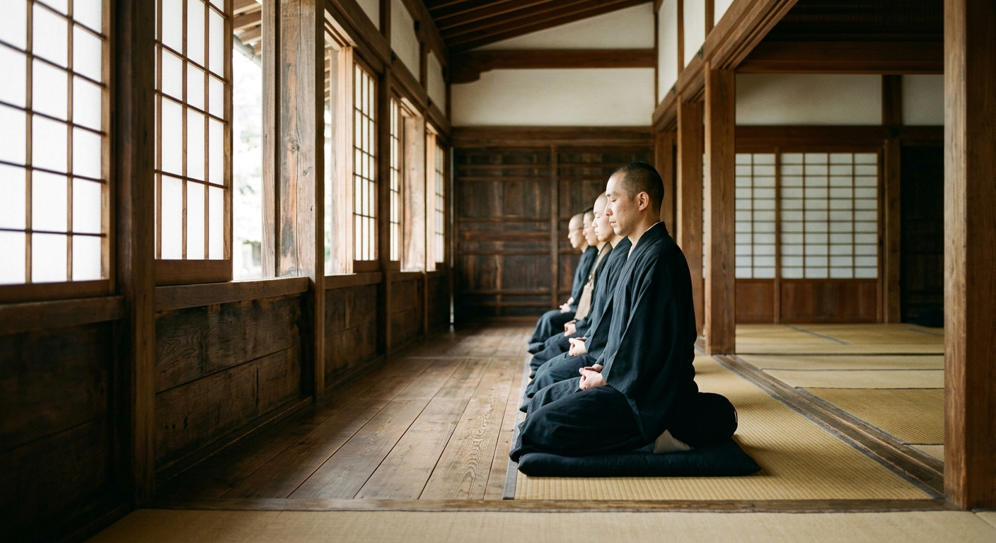 Practicantes sentados en zazen en una sala de meditación, las prácticas del zen