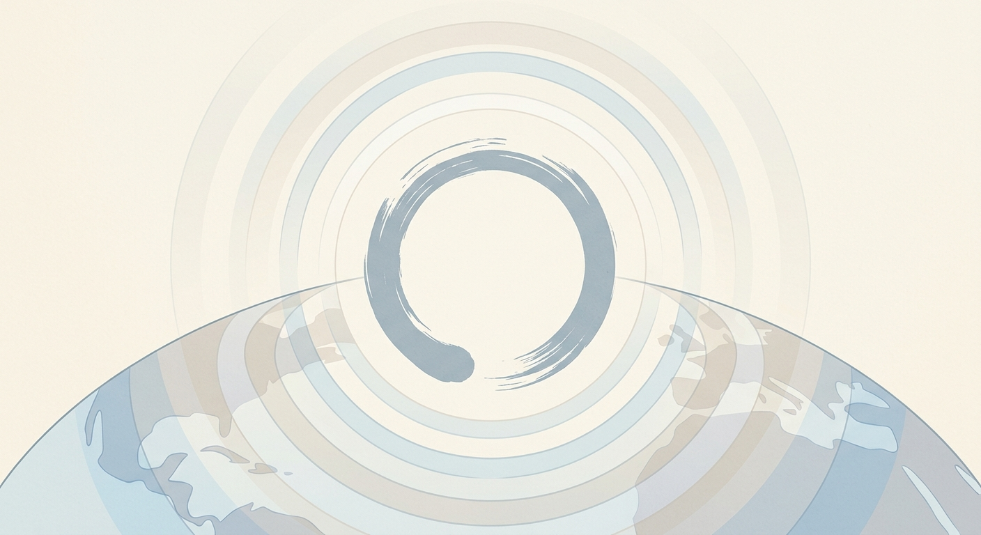 Ilustración minimalista de un ensō con ondas que se expanden por el mundo, el zen en el mundo: la expansión global