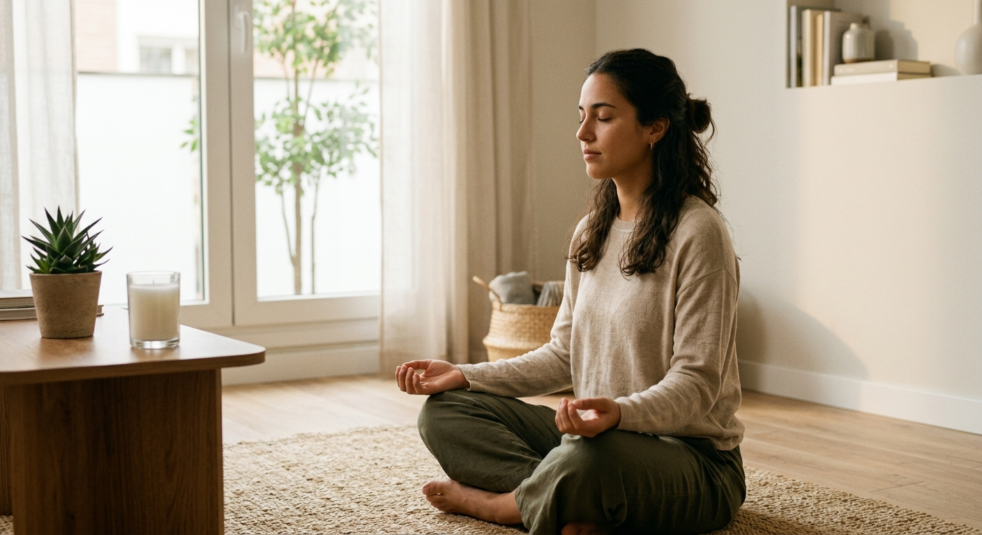 Joven hispanohablante meditando en un rincón tranquilo de su hogar, el zen en tu día a día