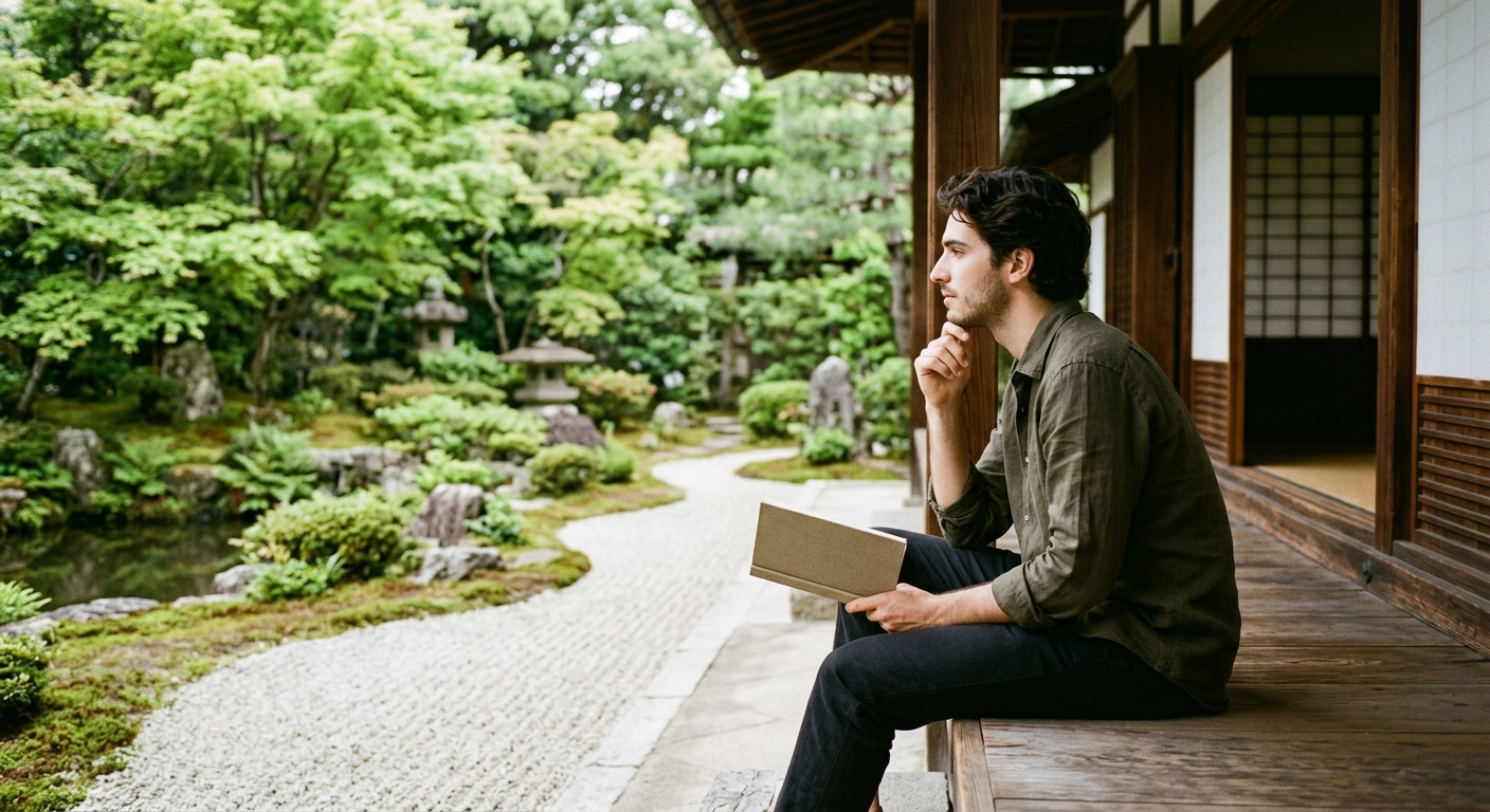 Joven hispanohablante leyendo y contemplando el jardín en la veranda de un templo zen, cómo seguir aprendiendo sobre el zen